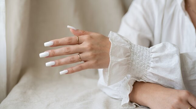 Woman's hand with long white manicured nails.