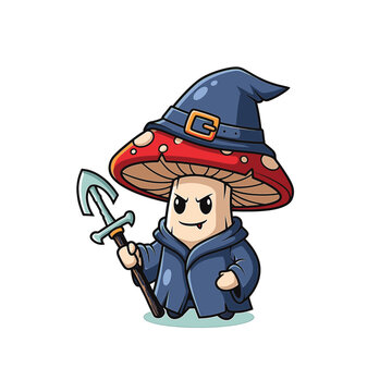 Vector illustration of a fantasy mushroom necromancer mascot character wearing dark tattered robes and holding a glowing staff, featuring a fungal cap head with skull motifs, isolated.
