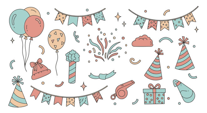 Comprehensive set of cute hand-drawn party elements including balloons, birthday cake, gift boxes, party hats, and confetti. Isolated vector doodle icons for festive event decoration.