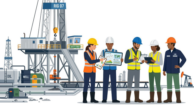 Workers in hard hats discuss plans on an oil rig