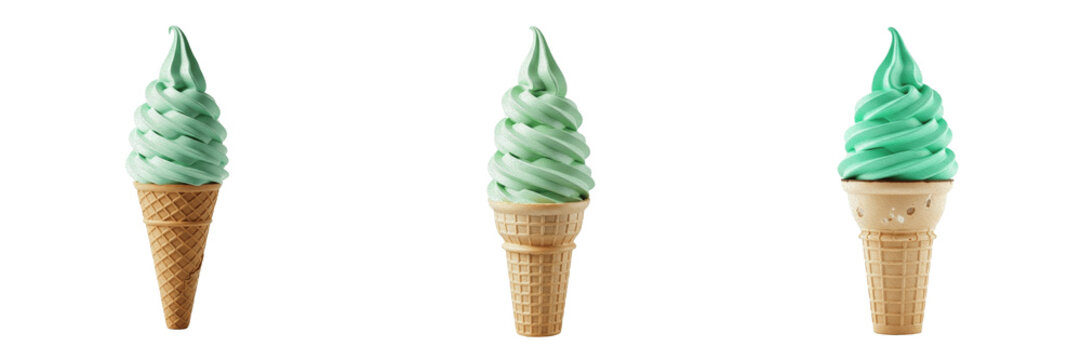 Isolated Soft Serve Ice Cream PNG Set Green Mint Cone for Summer Dessert Menu Branding Gelato Shop Promotional Material Creative Graphic Design Asset