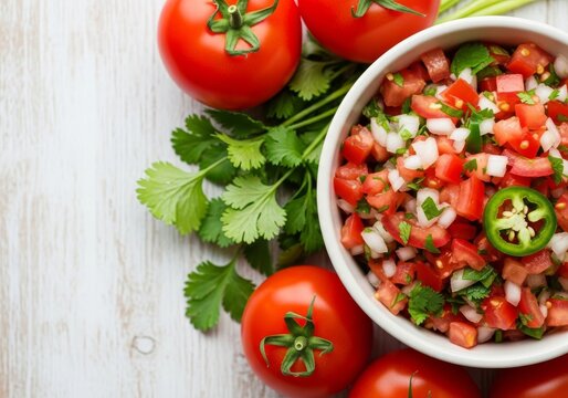 Fresh pico de gallo salsa in a ceramic bowl with ripe tomatoes and cilantro, arranged with ample copy space on the left side for text, authentic, lime, citrus