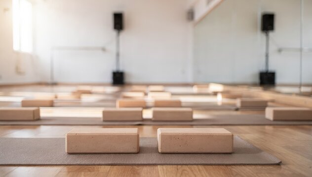 Focused view of a yoga class setup in a bright studio showing mats and blocks in sharp focus with blurred mirrors and speakers in the background.