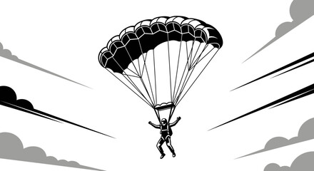Skydiver with Parachute Descending Through Clouds © zulfa