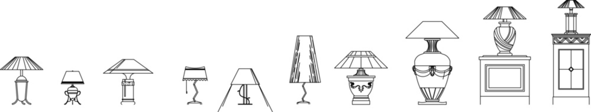 Technical vector set of classic table lamps and decorative nightstand fixtures, featuring front elevation layout symbols.