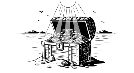Treasure Chest Filled With Gold Coins and Jewels On Sandy Beach © sarmadi