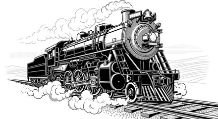 Vintage Steam Locomotive Train on Tracks, Black and White Illustration © sarmadi