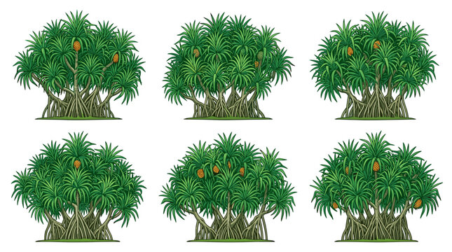 Collection of six illustrations of pandanus trees with stilt roots and pineapple like fruits, isolated on white background
