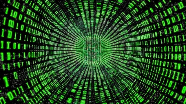 Abstract digital tunnel featuring infinite glowing green binary code data stream flow