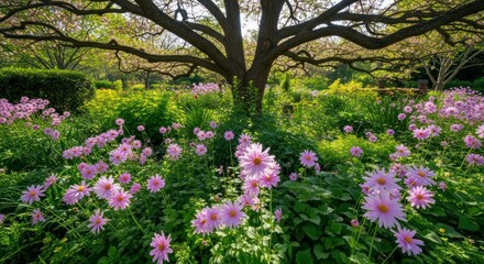 Obraz premium Majestic Spreading Tree Sheltering a Sun-Dappled Field of Purple Asters