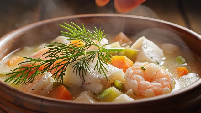 Delicious Seafood Chowder with Fresh Dill Garnish.
