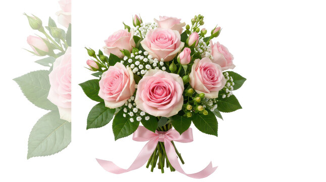 Elegant Pink Rose Bouquet with Baby's Breath and Ribbon