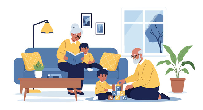 Flat style vector illustration of grandparents caring for child in home or garden, intergenerational bonding and family support concept