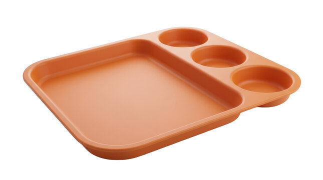 Peach-colored multi-compartment baking tray with three round sections for muffins and cookies