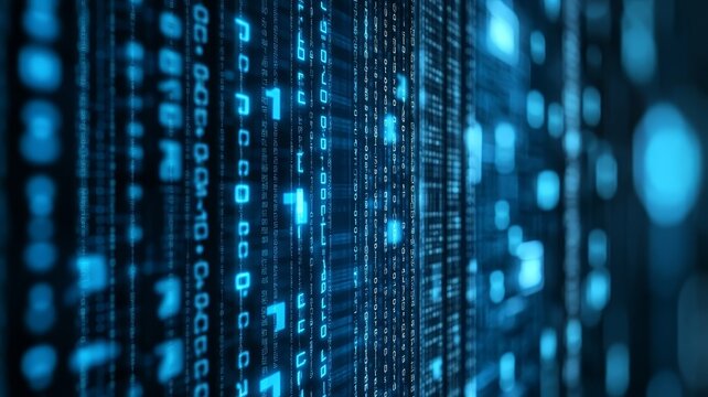 Abstract digital background featuring blue glowing binary code streams representing data flow processing in modern computing systems