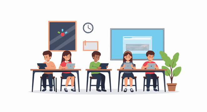 Vector illustration of a diverse group of young children sitting together and using digital tablets for online learning, gaming, and remote education in a modern indoor setting.