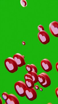social media love heart like icons floating upwards, on green screen background