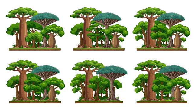 Collection of pixel art baobab and dragon trees surrounded by lush green foliage on grassy mounds, representing diverse flora in a stylized natural environment.