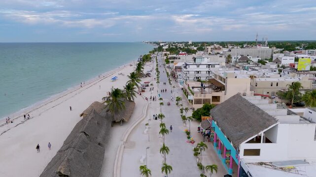 High Angle View of Coastal Boardwalk and Sandy Beach in Progreso Yucatan