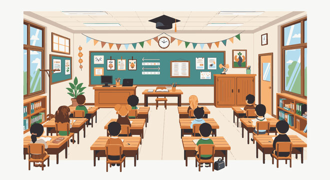 Vector illustration of a bright elementary school classroom interior with wooden student desks, chairs, a chalkboard, bookshelves, educational wall posters, and natural sunlight.