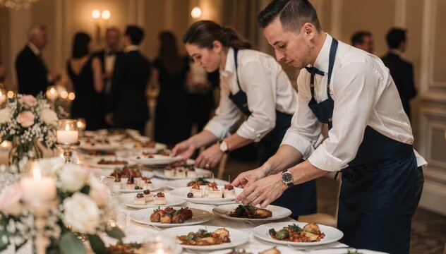 Medium shot of catering staff arranging plated desserts and hot dishes on a wedding banquet table with softly blurred centerpieces and guests mingling behind.