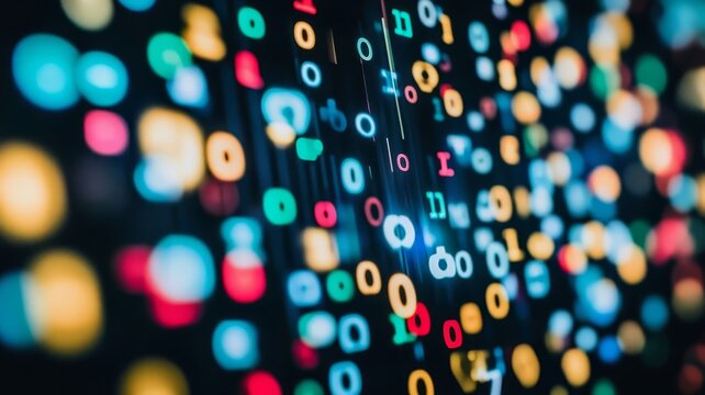 Abstract digital background featuring colorful glowing binary code symbols and abstract data patterns for technology and information science
