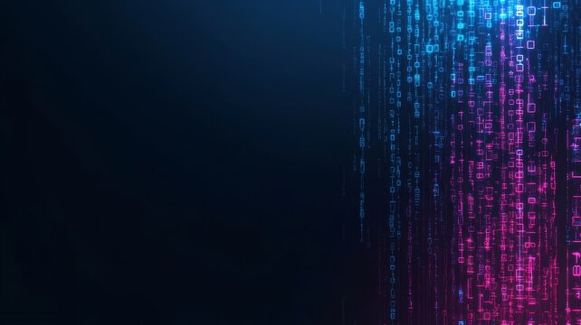Abstract digital matrix background featuring glowing blue and pink data binary code streams flowing downward against dark empty backdrop