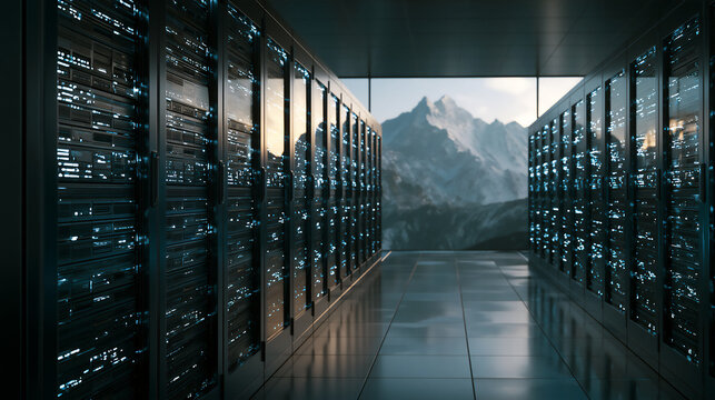 Modern data center server room corridor with mountain view through window, cloud computing and technology infrastructure concept