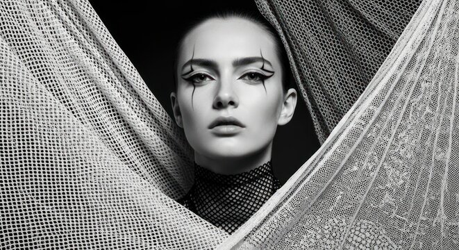 A striking black and white portrait of a woman, veiled in a sheer mesh fabric, showcasing dramatic eye makeup and a compelling gaze.