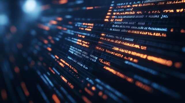 Abstract digital background with glowing binary code streaming data streams for network information technology concepts