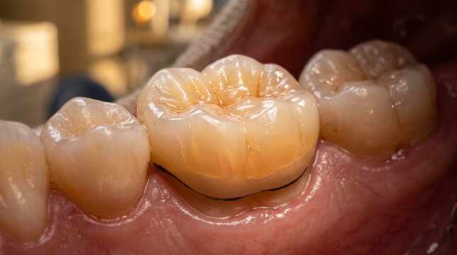 Translucent molar crown revealing realistic dentin layers demonstrating advanced cosmetic dentistry craftsmanship and premium restoration