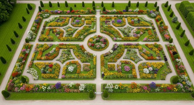 Geometric Perfection: Aerial View of a Symmetrical Baroque Parterre Garden in Vibrant Bloom