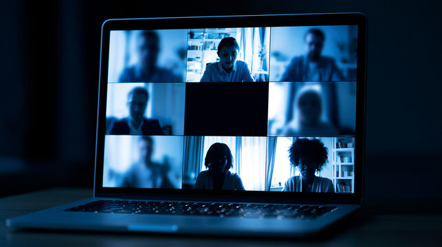 Laptop screen showing video conference call with multiple participants in dark room, remote work and virtual meeting concept