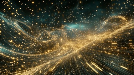 Fototapeta premium Abstract glowing golden particle waves flowing through dark space background design concept