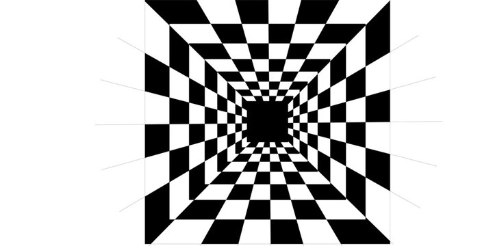 Black and white checkered optical illusion tunnel. Abstract geometric background with perspective depth, square vortex, and hypnotic 3D effect.