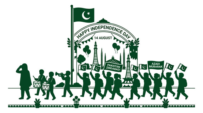 A festive illustration of Pakistani children celebrating Independence Day with flags.