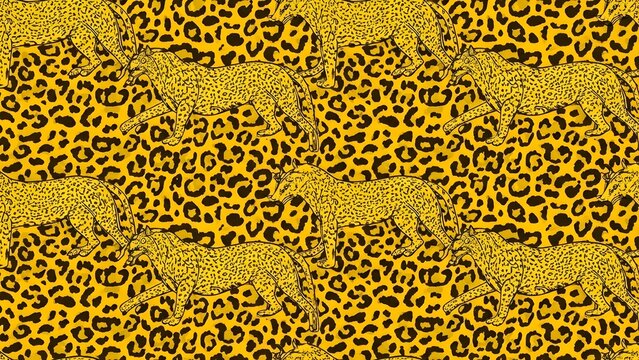 Seamless pattern featuring stylized golden leopards walking across a vibrant yellow background with classic black leopard spots.