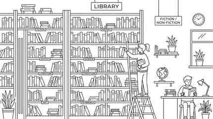 A young librarian organizing books on a high library shelf. © Ela Maheswari