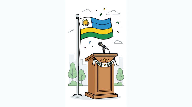 A wooden podium with a microphone and a waving flag of Rwanda.