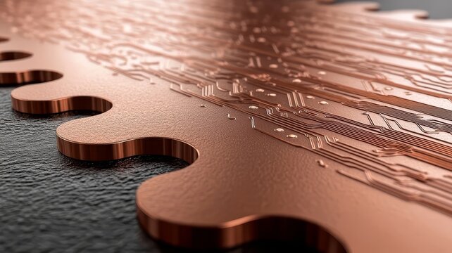 Macro view of metallic gear cog featuring intricate integrated circuit board patterns for industrial technology conceptual design