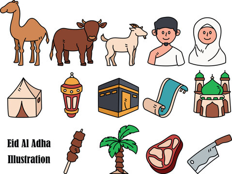Eid Al Adha Illustration Element Set with Cute Pilgrim Characters Qurban Animals Kaaba Mosque and Meat Vector Hand Drawn Flat Design