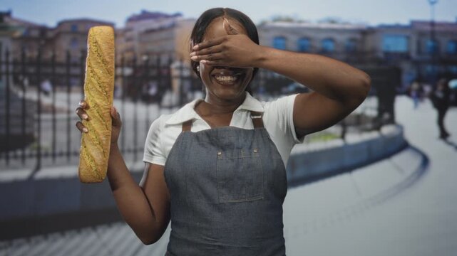 Woman baker in apron holds a baguette in one hand and covers eyes with the other hand while smiling on street; joyful playfulness.