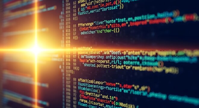 Digital code on a computer screen with a bright light flare.