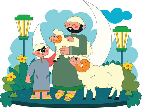 Eid Al Adha Greeting Illustration with Muslim Father and Son Holding Cute Qurban Sheep Islamic Festival Flat Vector Character Design