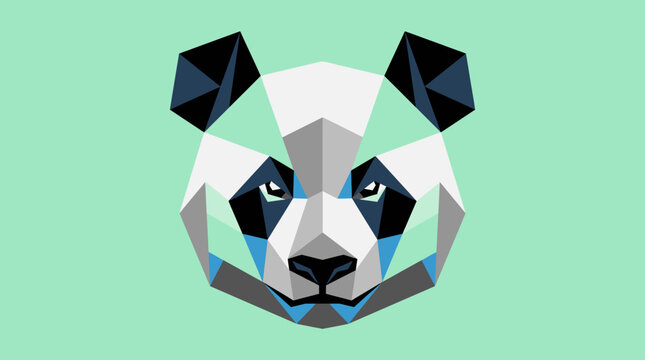 A stylized panda bear head with geometric shapes on a mint green background