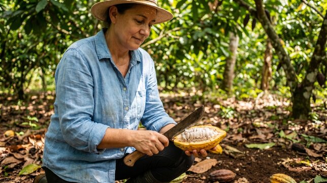 A woman farmer harvesting and opening a fresh cocoa pod with a machete in a lush tropical cacao plantation in the countryside