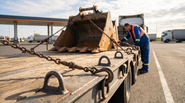 A professional truck driver securing a heavy excavator bucket on a flatbed trailer at a truck stop during the day