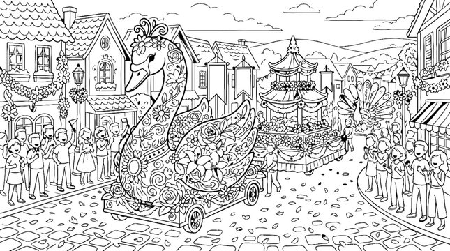 Grand festival parade with ornate swan float and cheering crowd