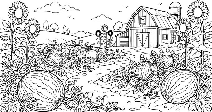 Rural Farm Landscape with Barn and Watermelon Patch