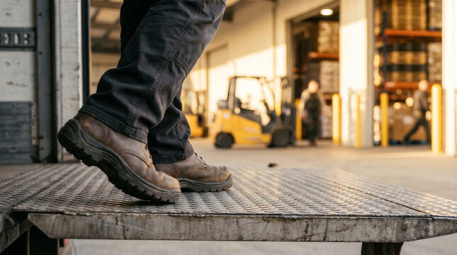 Closeup of a workers feet wearing work boots stepping off a truck onto a metal loading dock in a warehouse setting